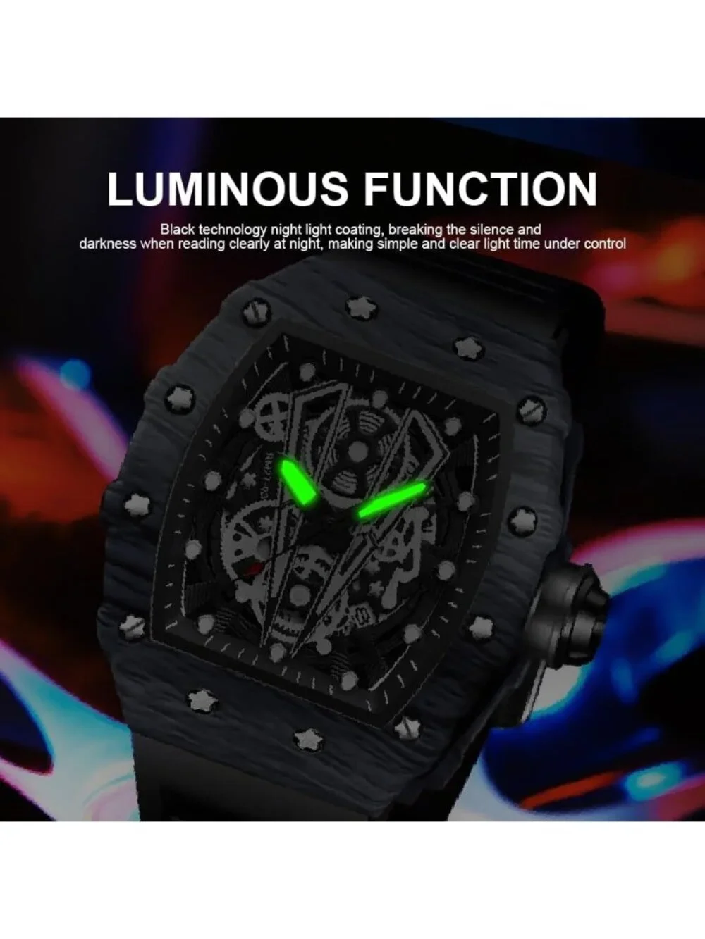 Men's All Black Analog Quartz Silicone Strap Barrel-Shaped Skeleton Luxury Watch